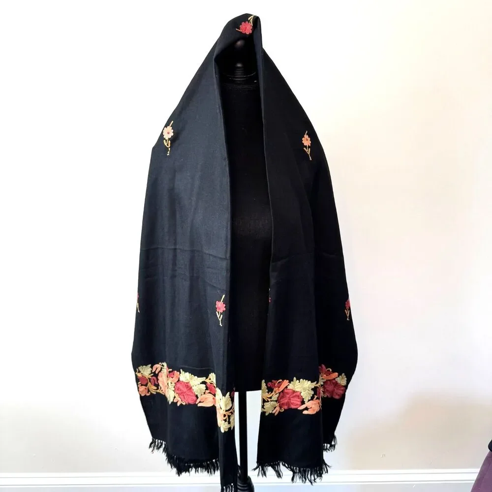 Black Wool Shawl with Floral Embroidery Stitching and Fringed Ends